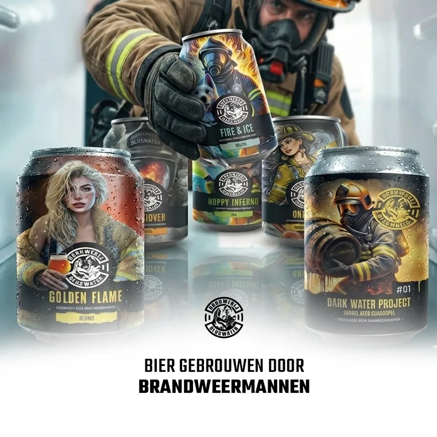 De winnende creative: een brandweerman in uitrusting pakt een blikje Bluswater uit de koelkast